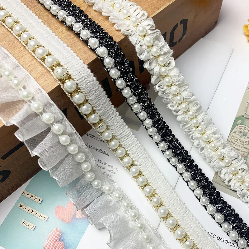 Wholesale multi colour pearl beads bridal lace fabric material white pearl lace princess dress