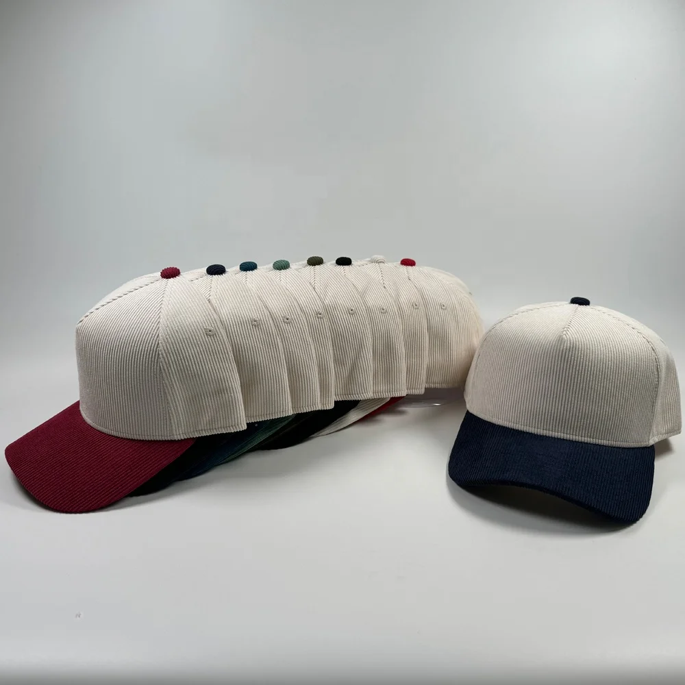 OEM fashion unisex two tone colorful A frame 5 panel structured baseball cap custom your design corduroy snapback hat wholesale