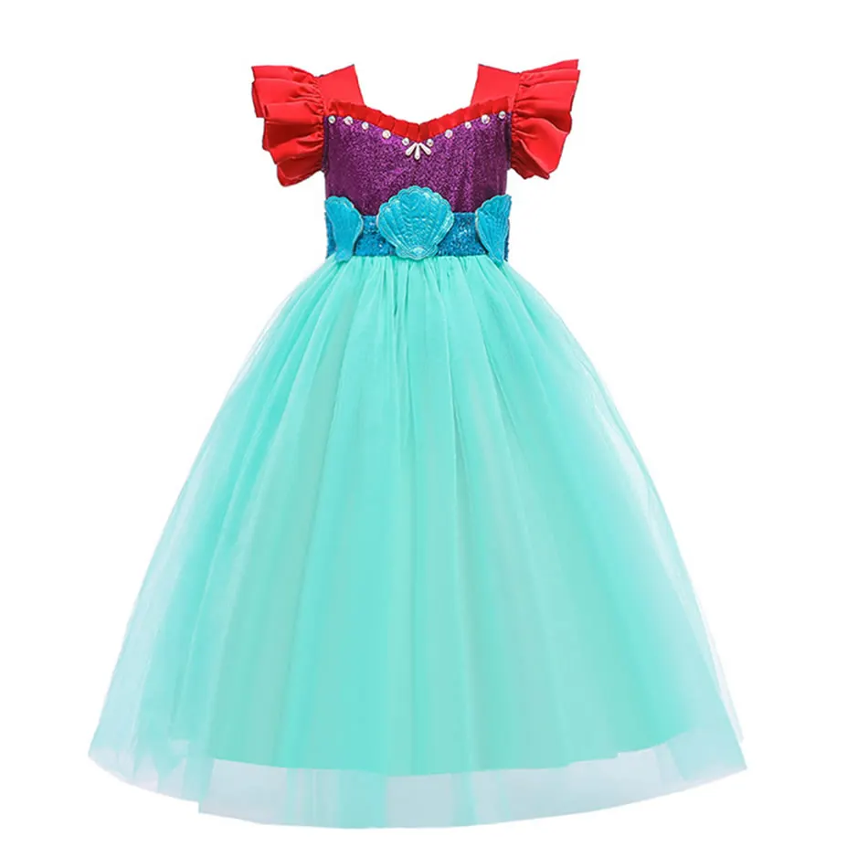 2021 Summer Mermaid Dress For Girl Lace Tulle Short Flying Sleeves Outfits Kids Princess Ariel Back Bow Sequin Fancy Costumes