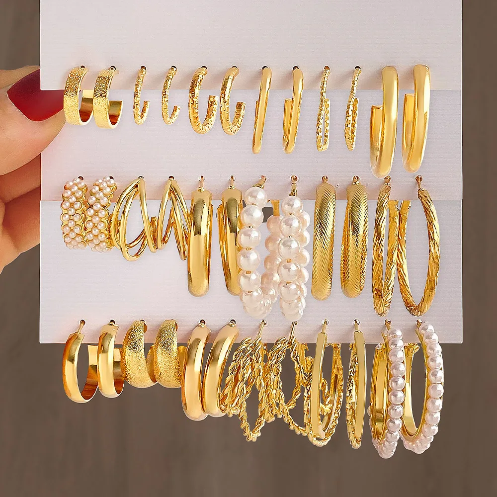 New Wholesale Gold plated Pearl Butterfly Acrylic  Hoop Earring Set for Women Metal Hollow Earrings Jewelry