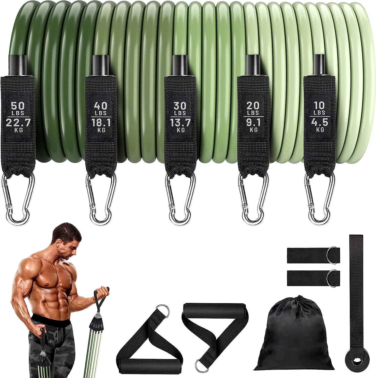 high quality fitness exercise tube 11 pcs/set latex resistance bands training yoga tubes with carabiner pull rope
