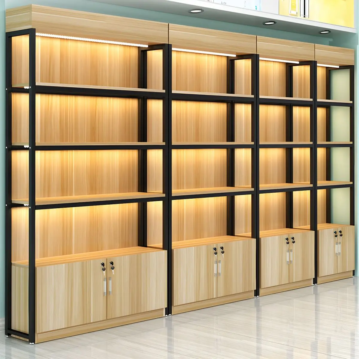 custom Supermarket wooden retail display shelving and metal cosmetic convenience grocery display cabinet stand for store