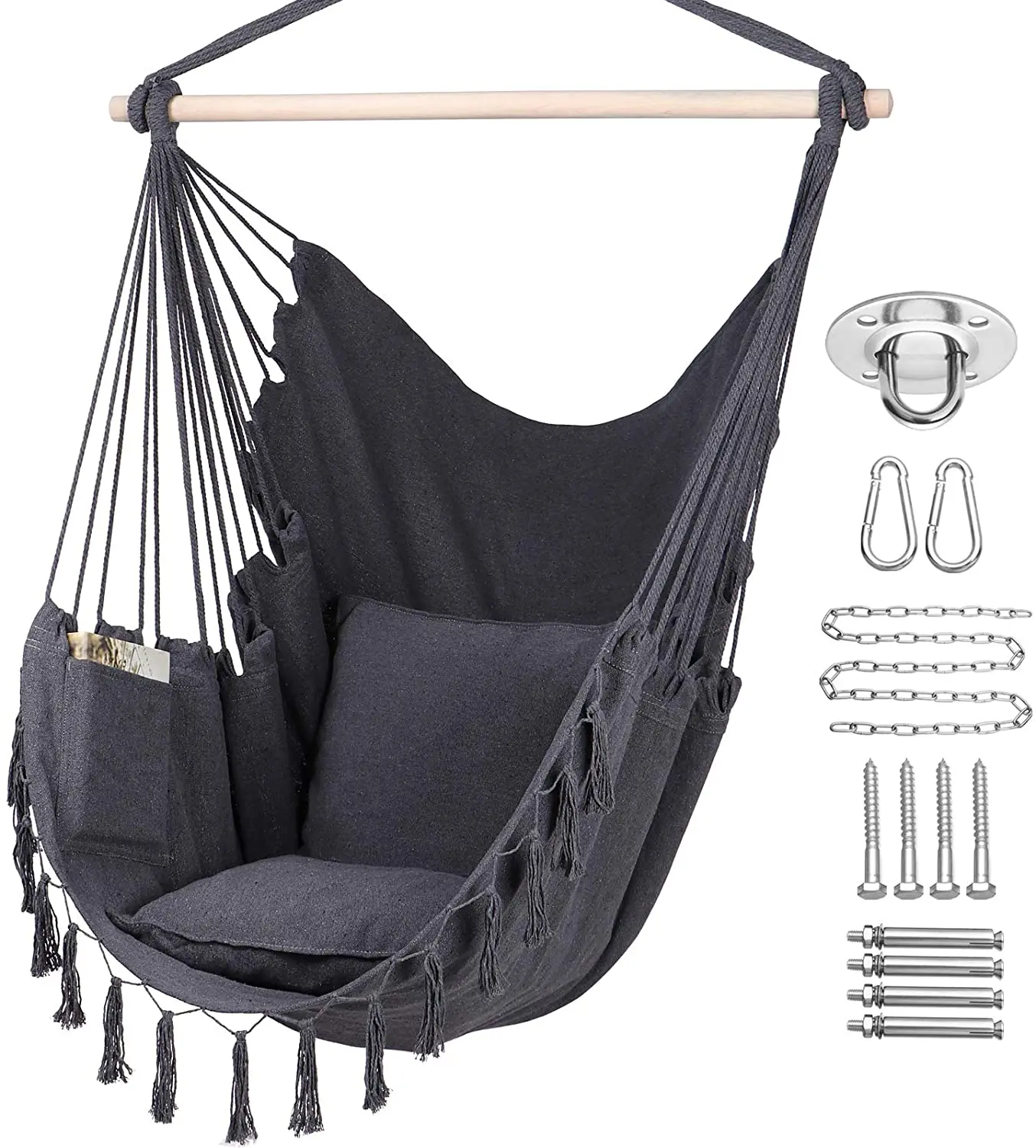 
Stylish Hanging Chair with Pocket Sturdy steel support bar Swing Hammock 