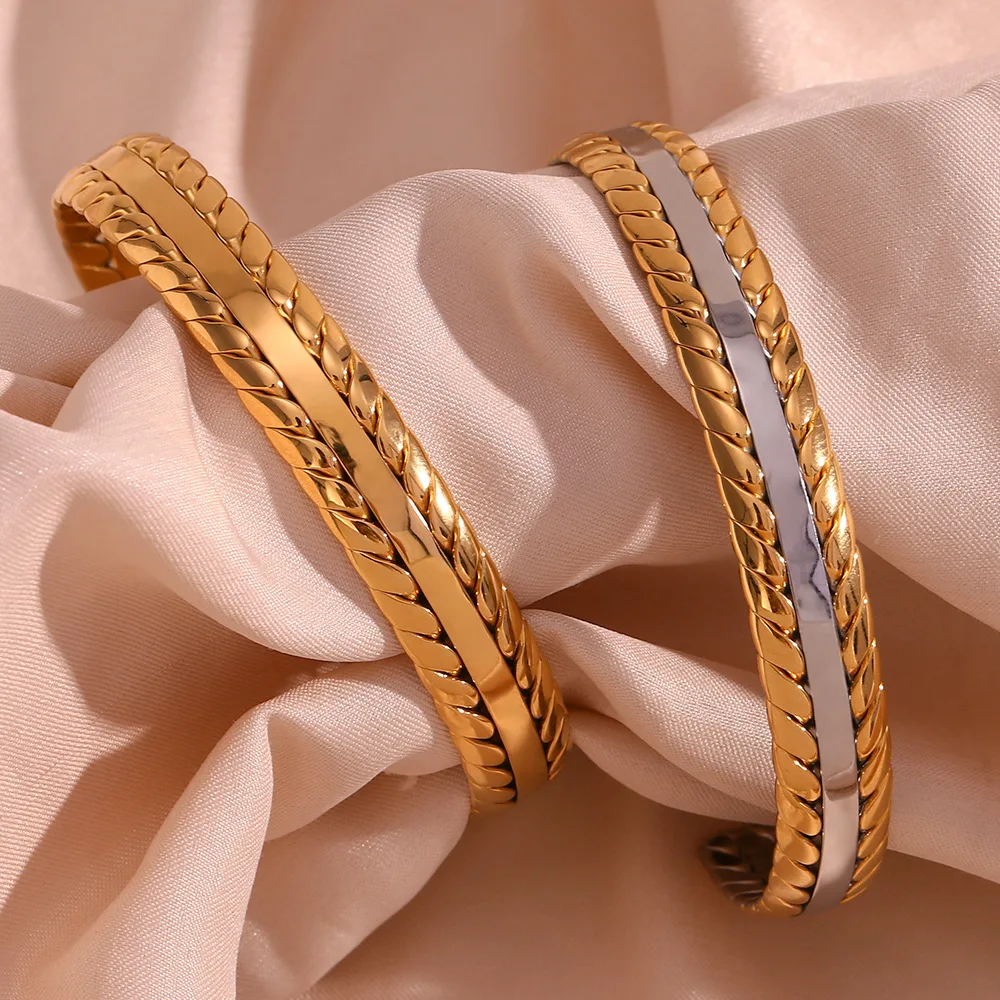 Woven Waterproof Fasteners Stainless Steel Plated 18K Braided Open Bracelet for Women