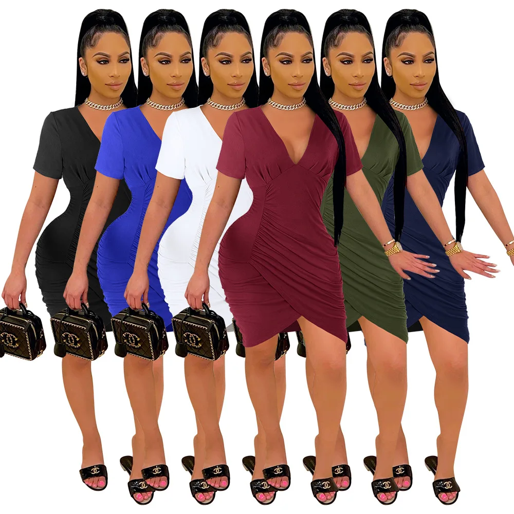 2021 New Arrival Wholesale Fashion Solid Color V Neck Asymmetric Sexy Bodycon Sexy Dress summer dresses for women