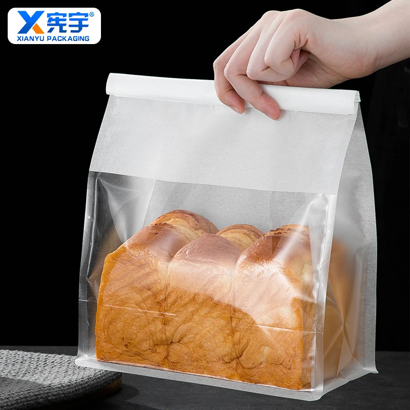 Customized Printing LOGO Brown And White Stand Up Bread Paper Bags Disposable Food Packaging Bags Kraft Paper Bag With Windows