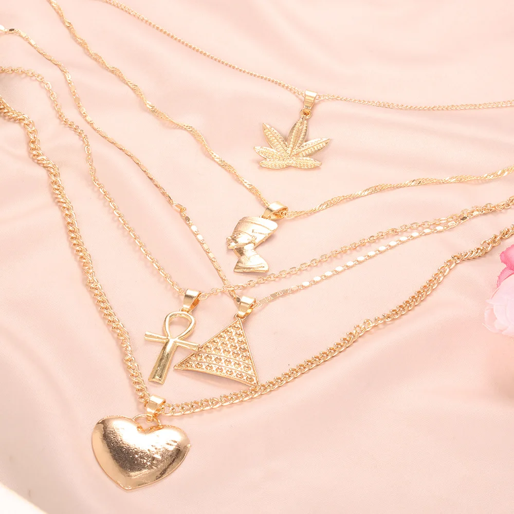 Hot Sale Multi-Layer Stainless Steel Clavicle Chain Necklace Maple Leaf Pyramid Love Pendant with Exaggerated Stacking for Women