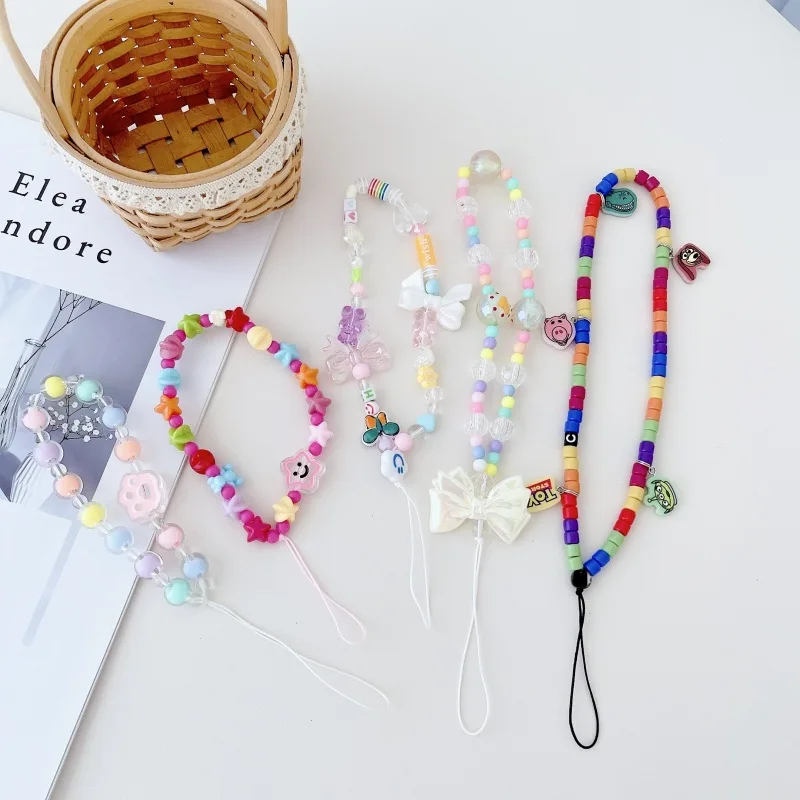 Trendy Colorful Handmade Beaded Phone Chain Love Pendant for Girls Phone Case Decoration