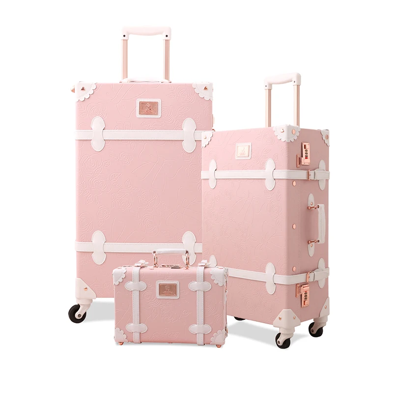(Embossed Pink, 26in 20in 12in) Unitravel Vintage Luggage Set PU Leather Women Cute Suitcase with Handbag
