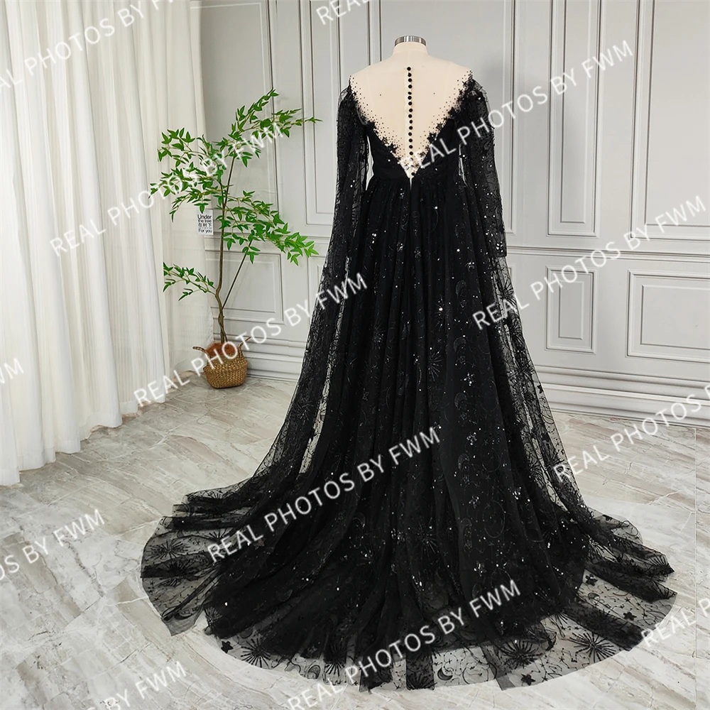 100% Real Photos High Quality Black Stars Sequined Lace Wedding Dress For Bride Women Illusion Back Bridal Gown With Cape 2024