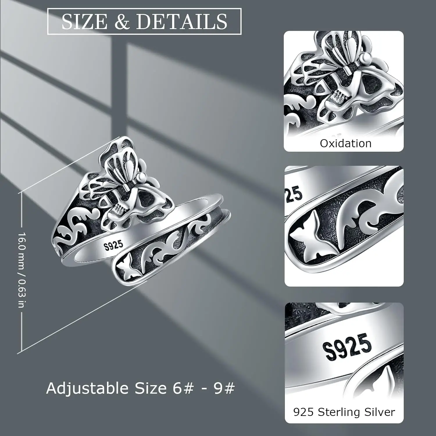 925 Sterling Silver Skull Spoon Ring Gothic Skull Adjustable Rings Statement Butterfly Ring for Women Girl