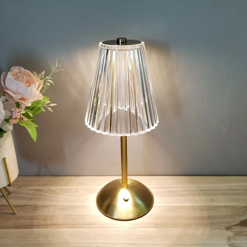 Restaurant LED Crystal Table Lamp in Gold Battery-Powered  Cordless Dimmable for Home Decor