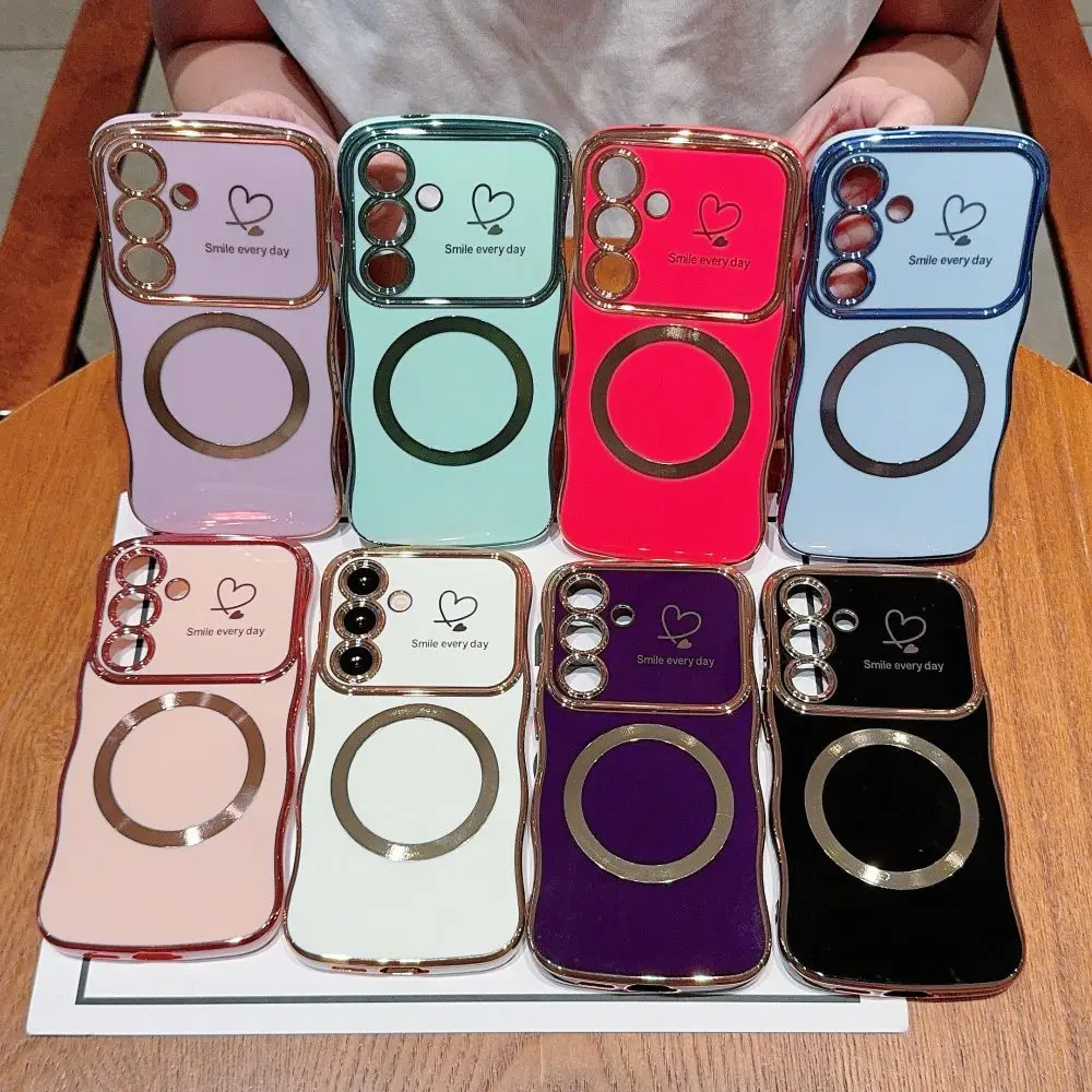 for Samsung S24 Plus Case Magnetic for Women Girls Cute Wave Frame Love Heart Luxury Plating Compatible Shockproof Back Cover