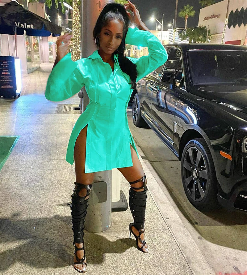 high quality 100 polyester fabric performance snap button down white long sleeve collar dress shirt mini dress for women 2022