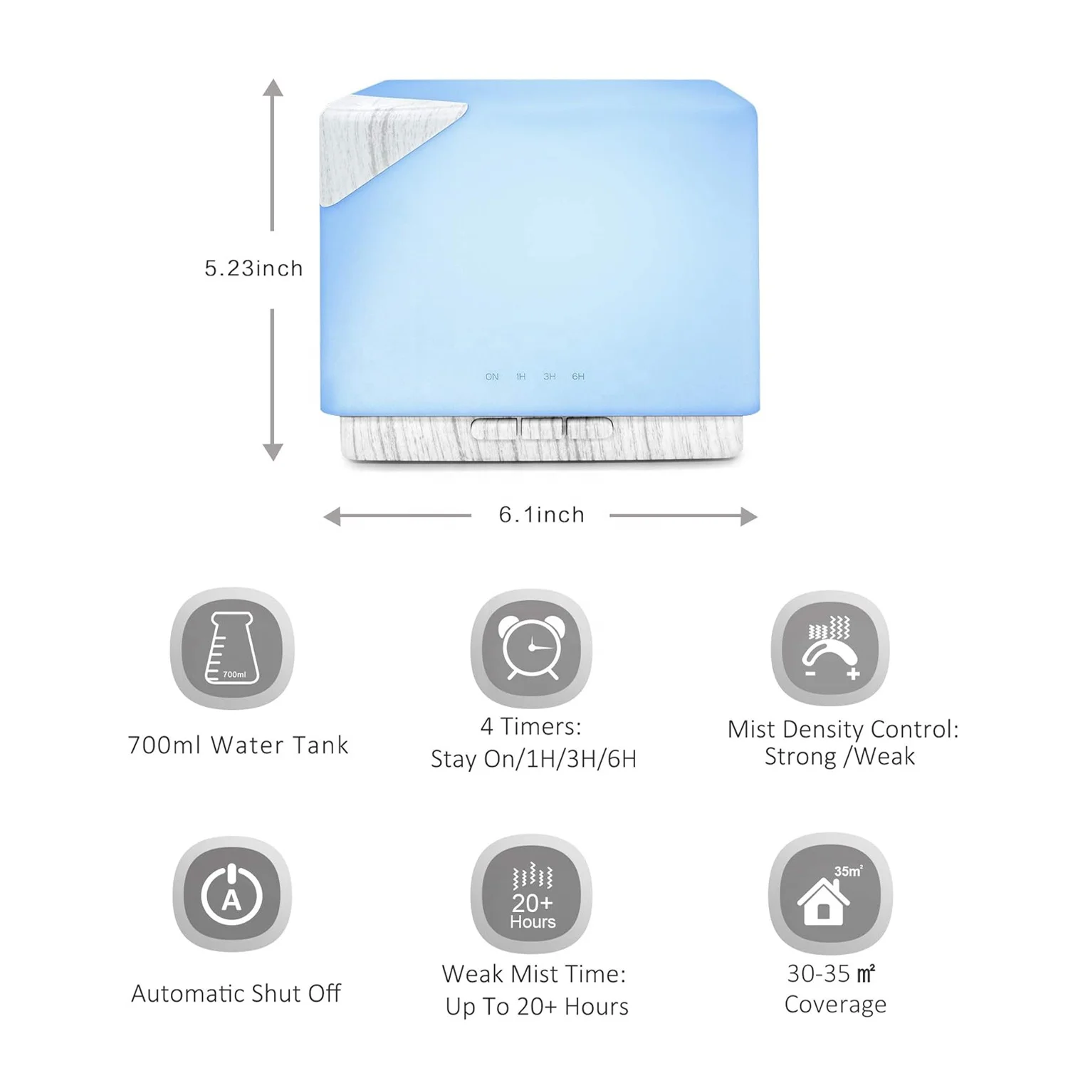 Decorative Popular Square Shape Marble Grain ABS PP Cool Mist Humidifier With 7 LED Timer Function