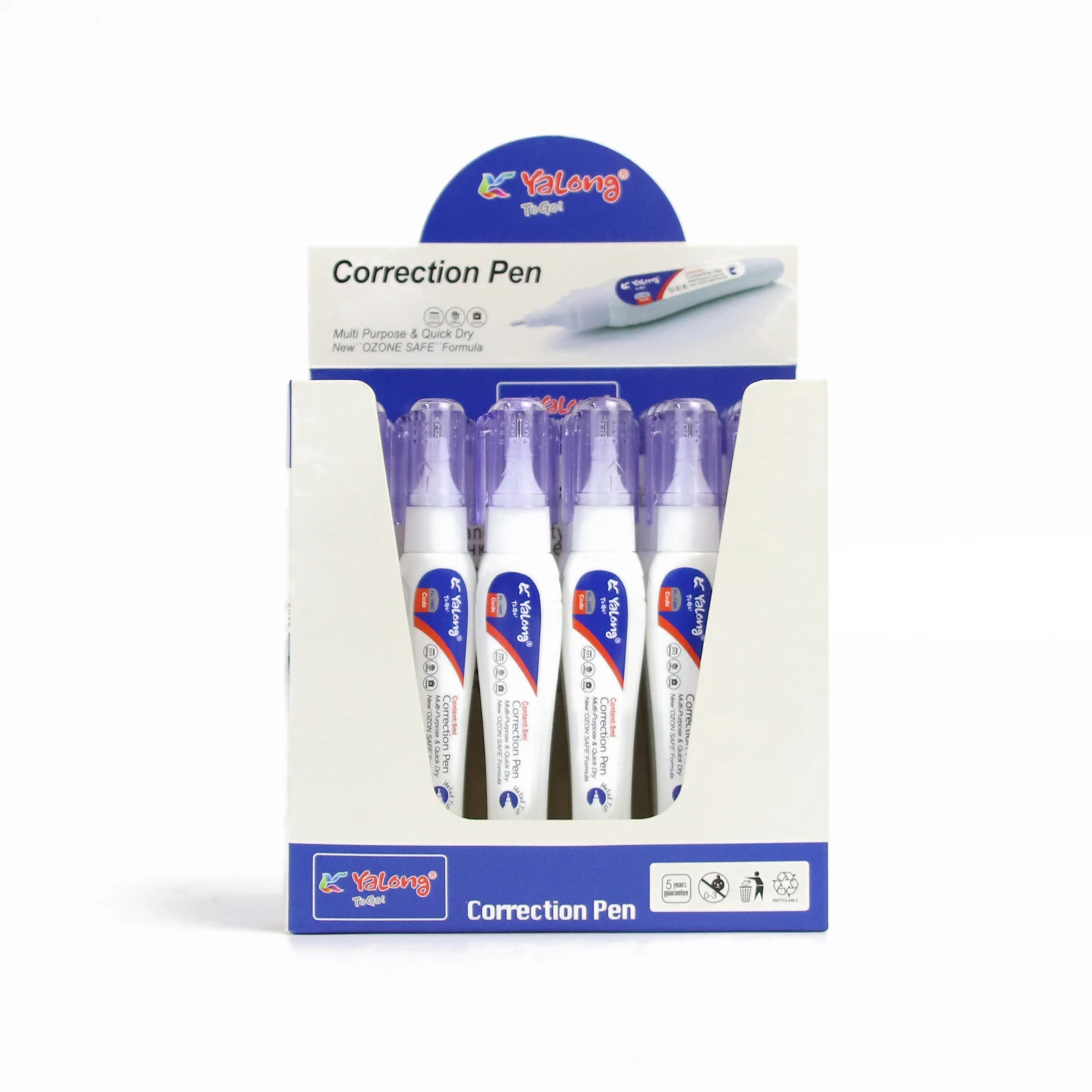 Yalong Customized New Style Quick Dry Smoothly Metal Tip Correction Pen Non-toxic White Colored Correction Fluid Set For Student