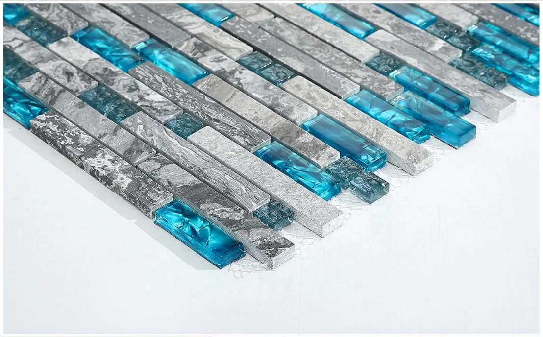 DS Polished Gray Marble and Teal Blue glass mosaics Random Interlocking tiles Kitchen Bathroom designed by