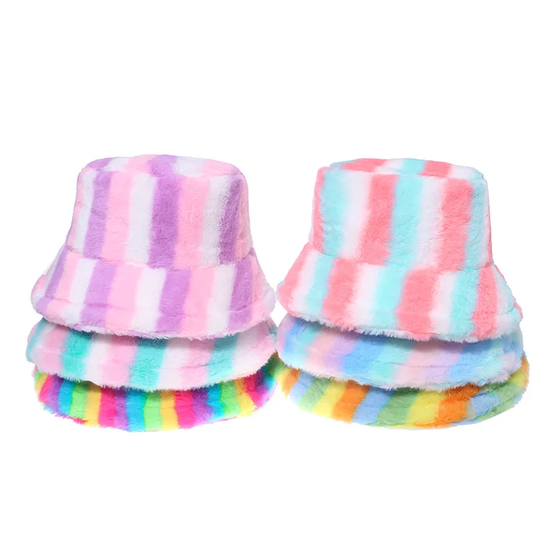 
100% Polyester Faux Fur Fluffy Winter Warm Hats Rainbow Striped Printed Bucket Hat Adjustable Bucket Caps for Women  (1600306819220)