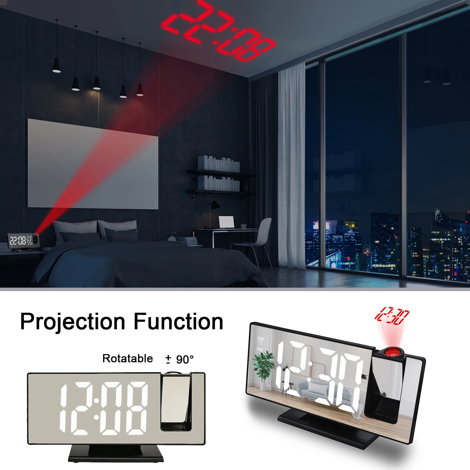 180 AdjustableTemperature Humidity Auto Brightness Bedroom Snooze Desk Dual Smart LED Radio Digital Projection Alarm Clock