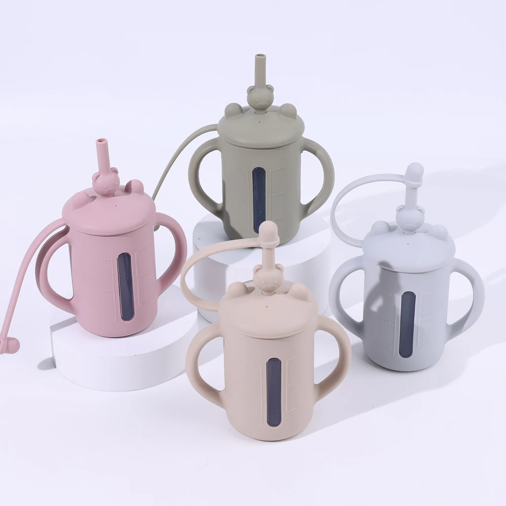 Custom New Bear Design Baby Products Drinking Water Sippy Cup Training Bottles Silicone Straw Cups With Lid and