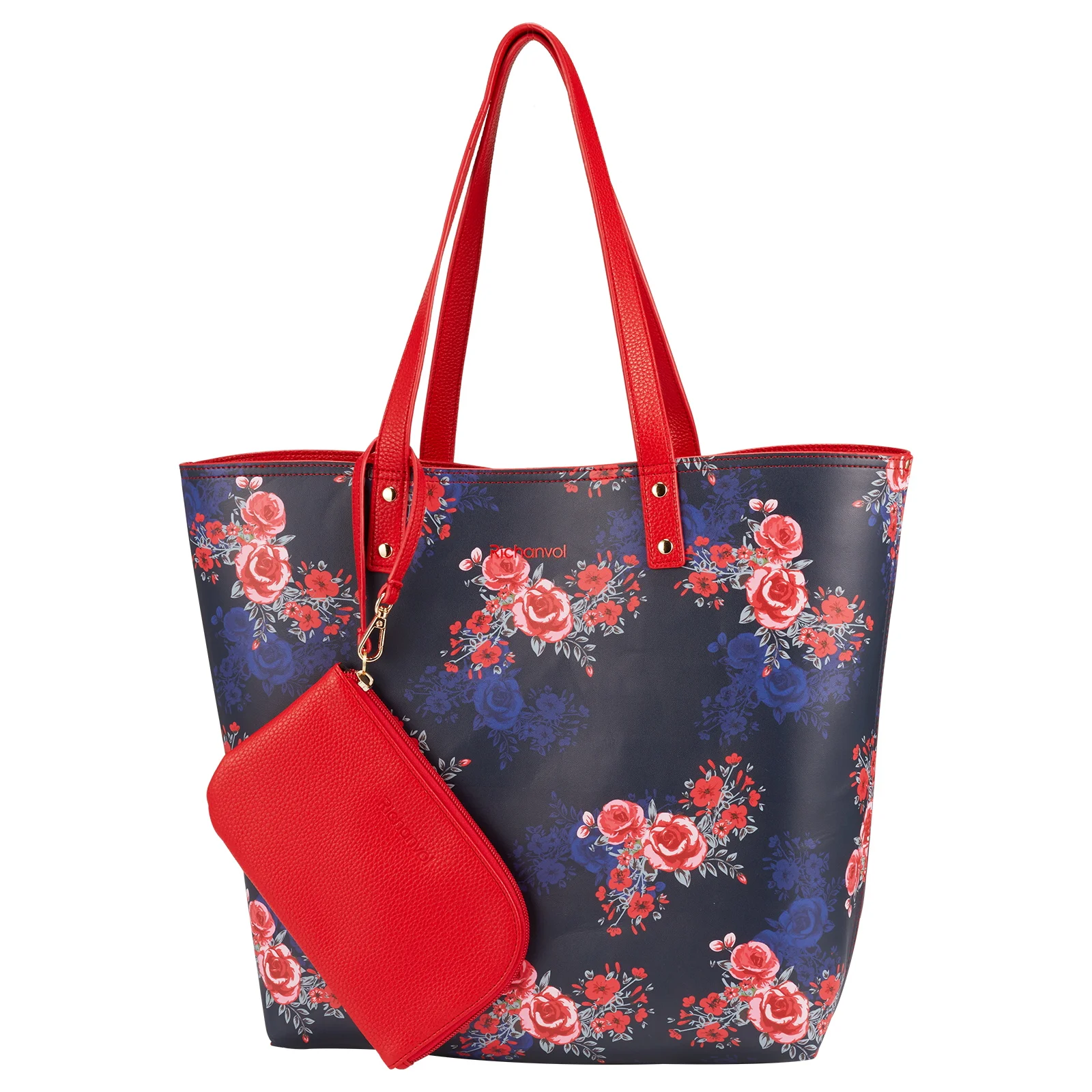Wholesale factory Red Flowers Reversible Tote Bag  Big Capacity Handbag Faux Leather Tote Shoulder Bag Reversible Versatile With Coin Purse