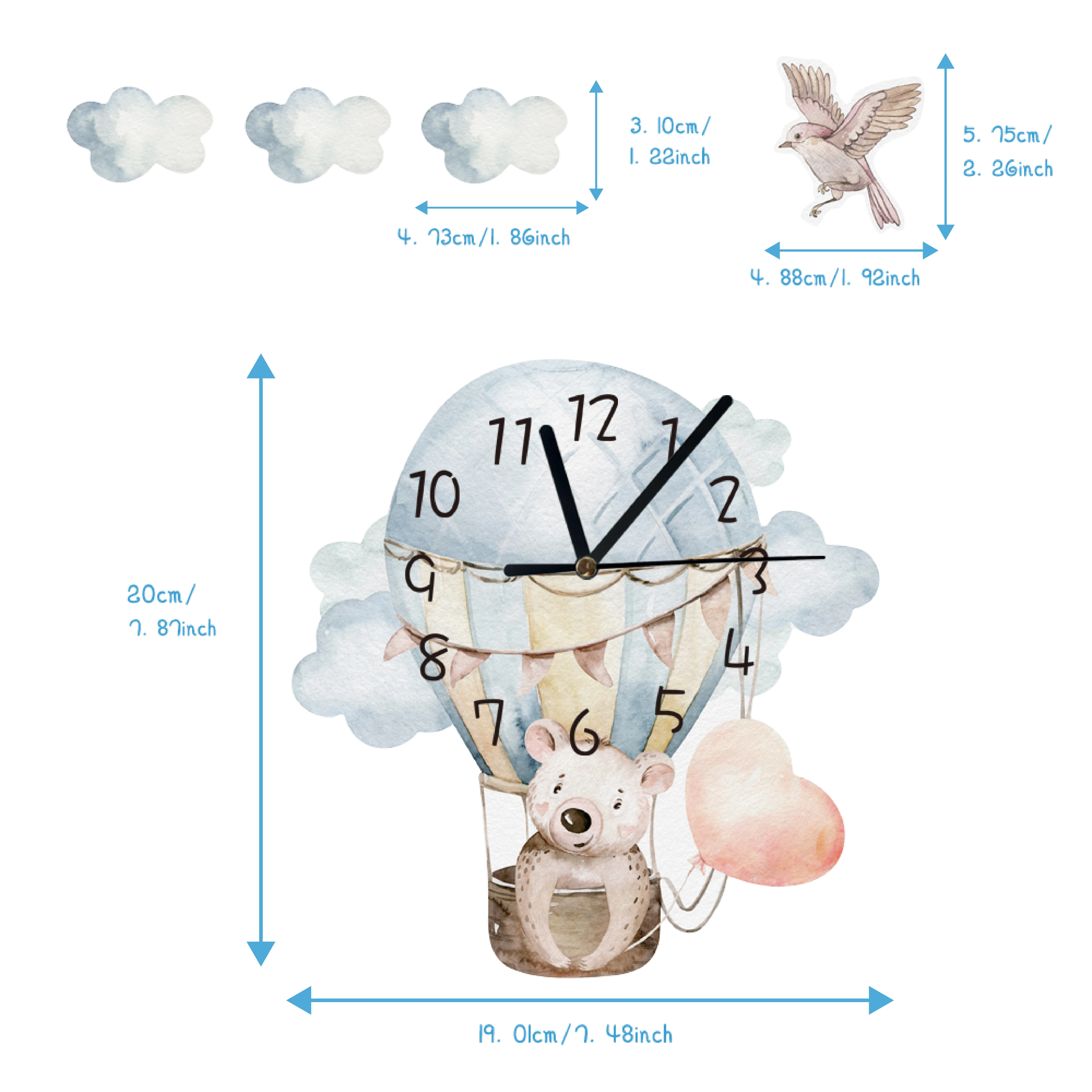 Funlife SWC028 Cute Funny Home Kitchen Decor 3D Hot Air Balloon Wall Clock for Kids Room Decoration