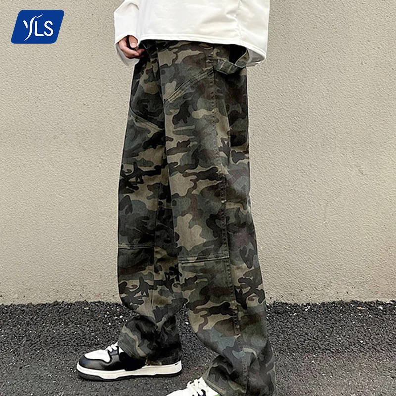YLS Men Custom High Streetwear Camouflage Pants Oversized Camo Twill Denim Cargo Pants