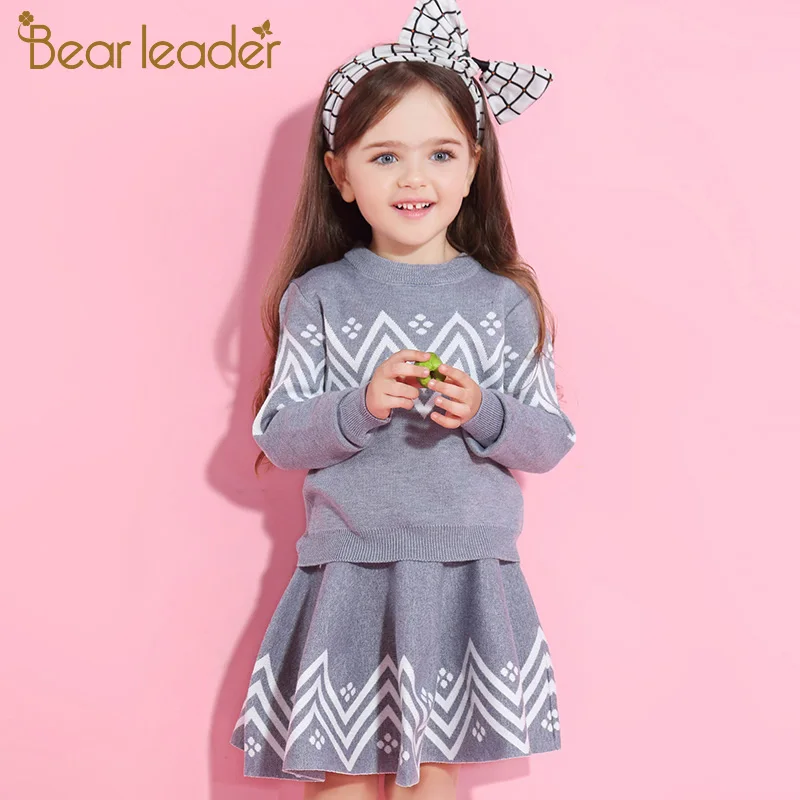 Bear Leader Girls Dress 2019 Winter Geometric Pattern Dress Long Sleeve Girls Clothes Top Coat+ Tutu Dress Sweater Knitwear 2pcs