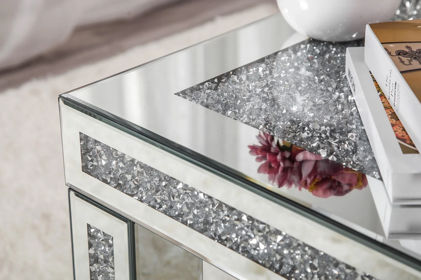 Rectangular Modern Luxury Mirrored Furniture Sliver Centre Table Crushed Diamond Mirrored Coffee Table for Living Room