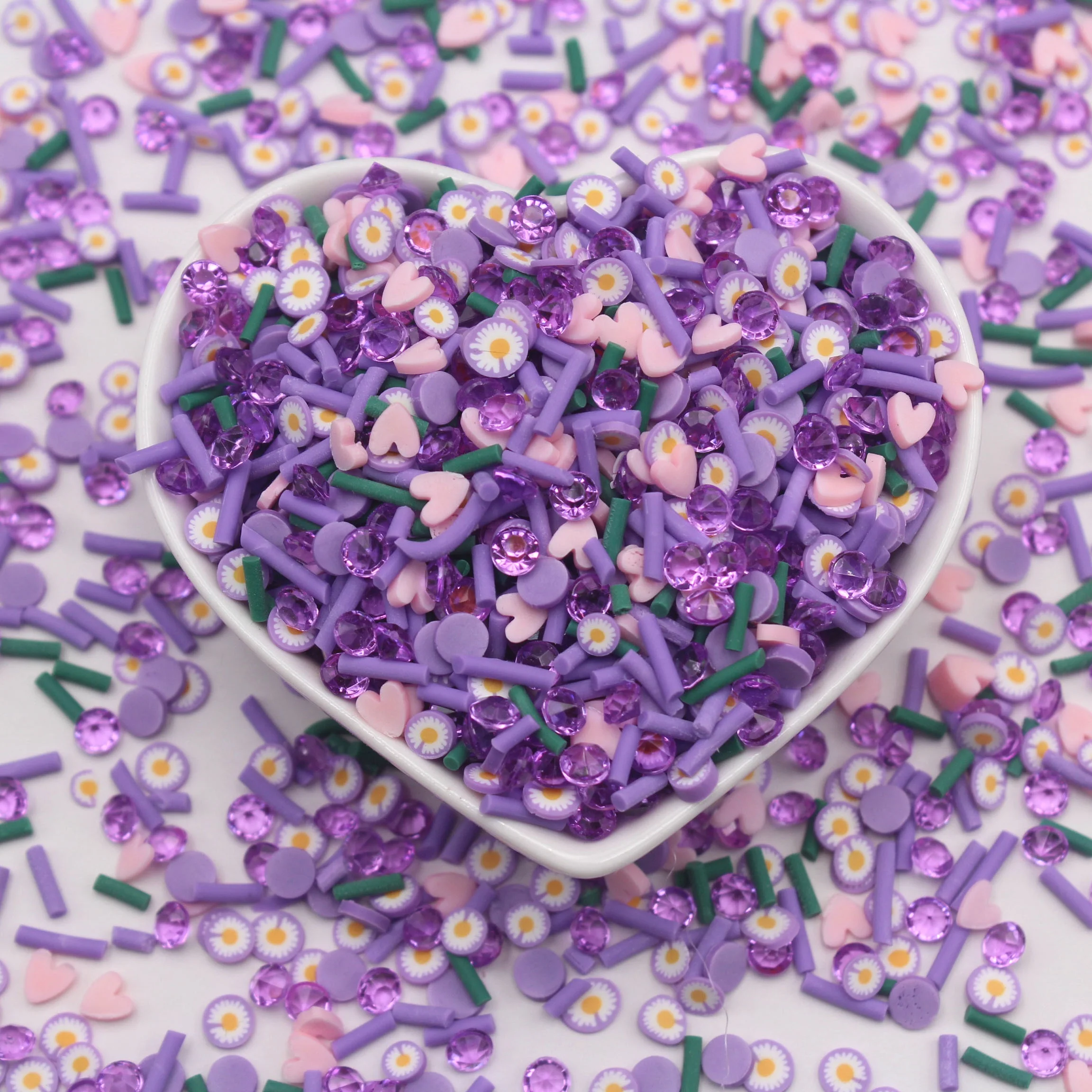 1KG/bag Spring Season Purple Daisy Clay Slices Flowers Mixture Sprinkles with Faux Diamonds for DIY Crafts Tumbler Filling