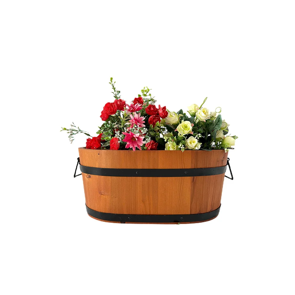 Hot sale products seed flowerpot creative balcony bonsai wooden cask flowerpot with plant