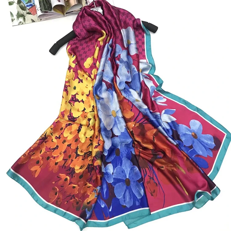 Flower color Satin Silk Smooth Long Square Neck Scarf Ladies Scarves 90*195cm Wholesale