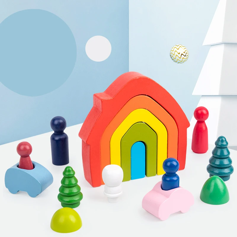 Custom Styles Children Wooden Rainbow Stacking Building Blocks Set Montessori Educational Learning Toys For Kids