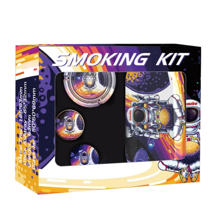 Customizable Pattern Smoking Set With Metal Tray Glass Ashtray Grinder Jar For Smoking Kit