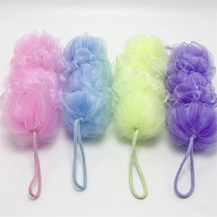 Shiny three lanterns soft bath net sponge promotional shower pouf baby bath loofah body massage mesh sponge