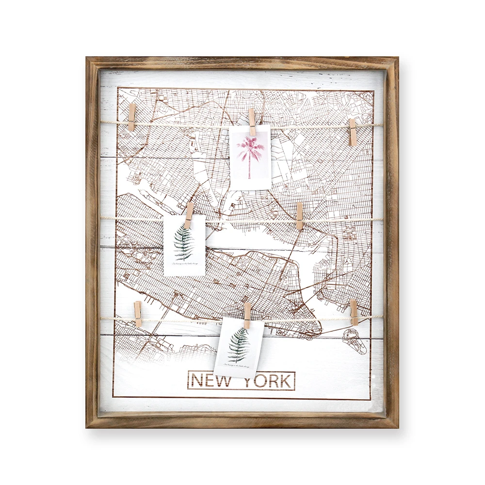 Verified Xingcheng Hot Wholesale Wall Mount Rustic Wood Clip Photo Holder New York Map Collage Frame Wooden Hanging Photo Board
