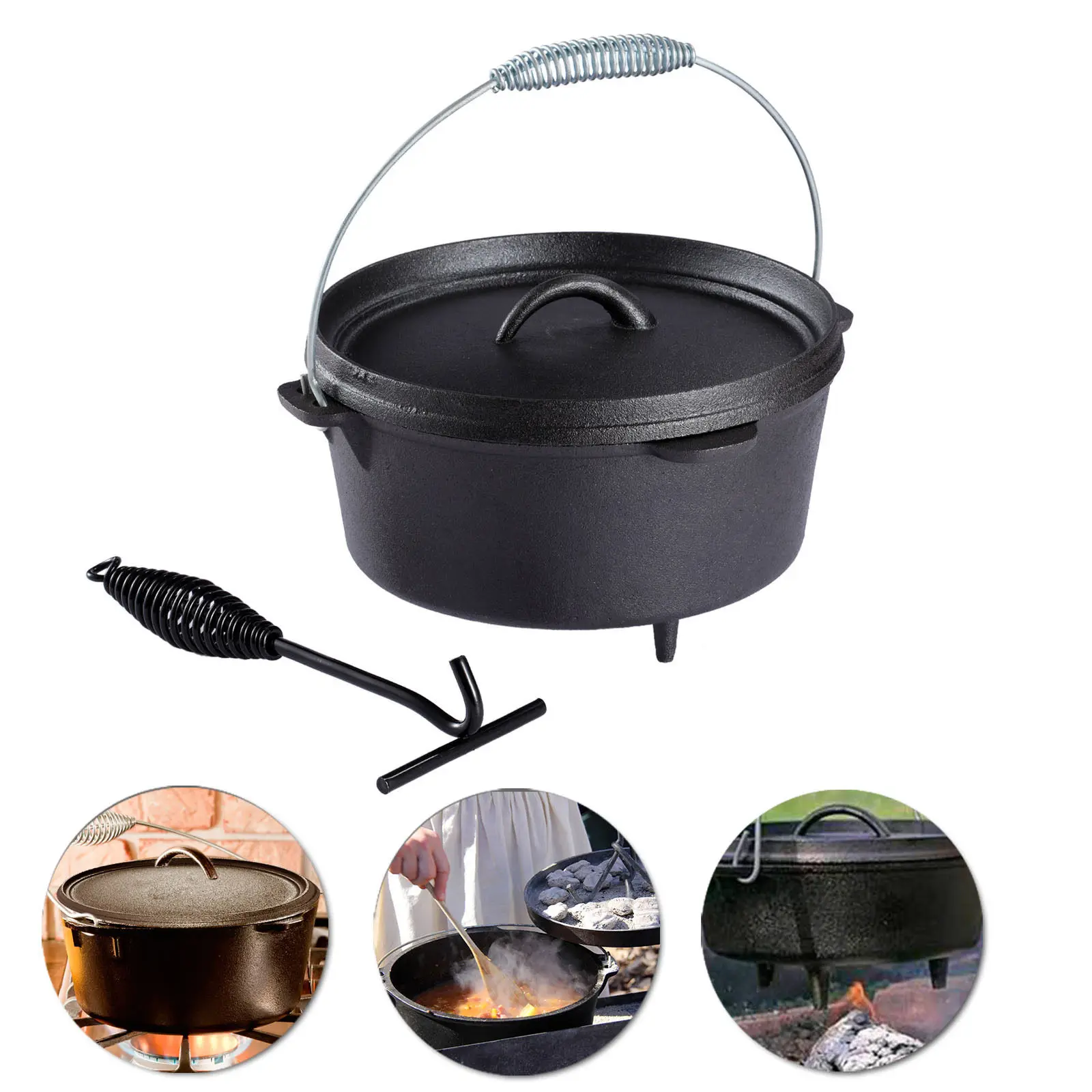 Bright Houseware Pre seasoned Cast Iron Cookware Set Camping Dutch Oven Baking Tray Pot Set Outdoor Camping Cookware Set