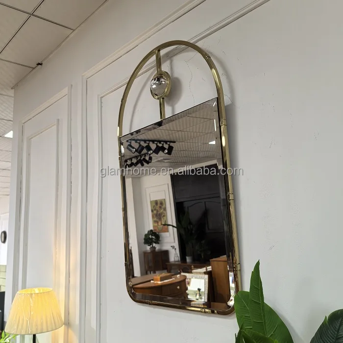 Modern steel metal arched hanging shinny gold frame bedroom stainless steel hemisphere wall mirrors home decor