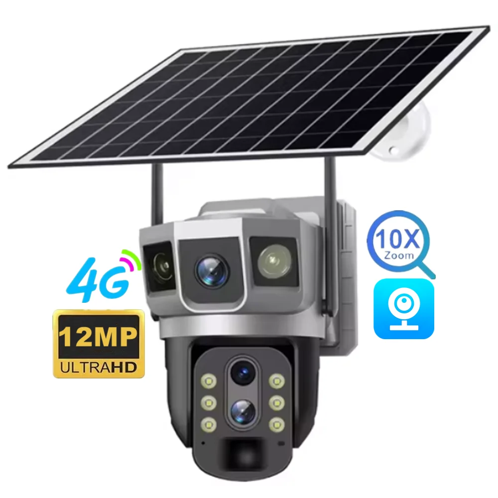 V380Pro 12MP 10X зум 4G Sim трехобъективная Солнечная камера наружная IP PTZ AI отслеживание камеры видеонаблюдения ультра длинная батарея резервная безопасности