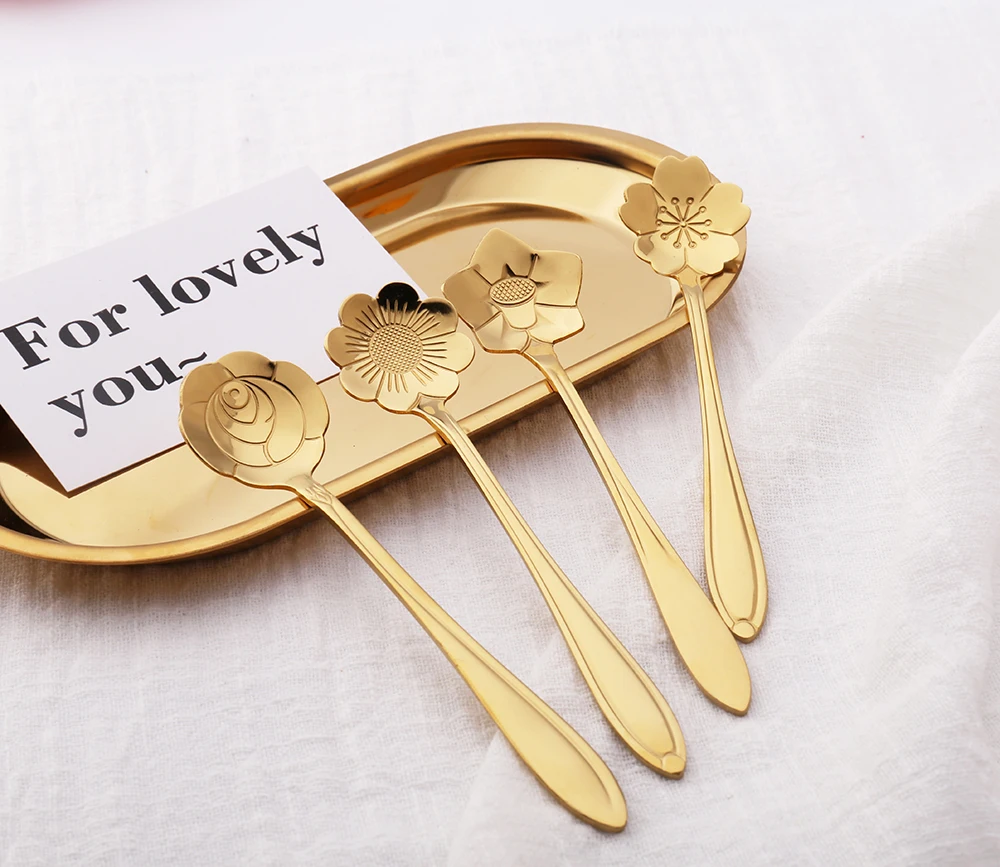 
new design flower shape rose gold stainless steel flatware set coffee spoon tea spoon for hotel restaurant 