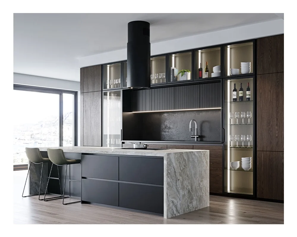 New Modern Wooden Veneer Matt Lacquer Finished Black Kitchen Cabinet Design