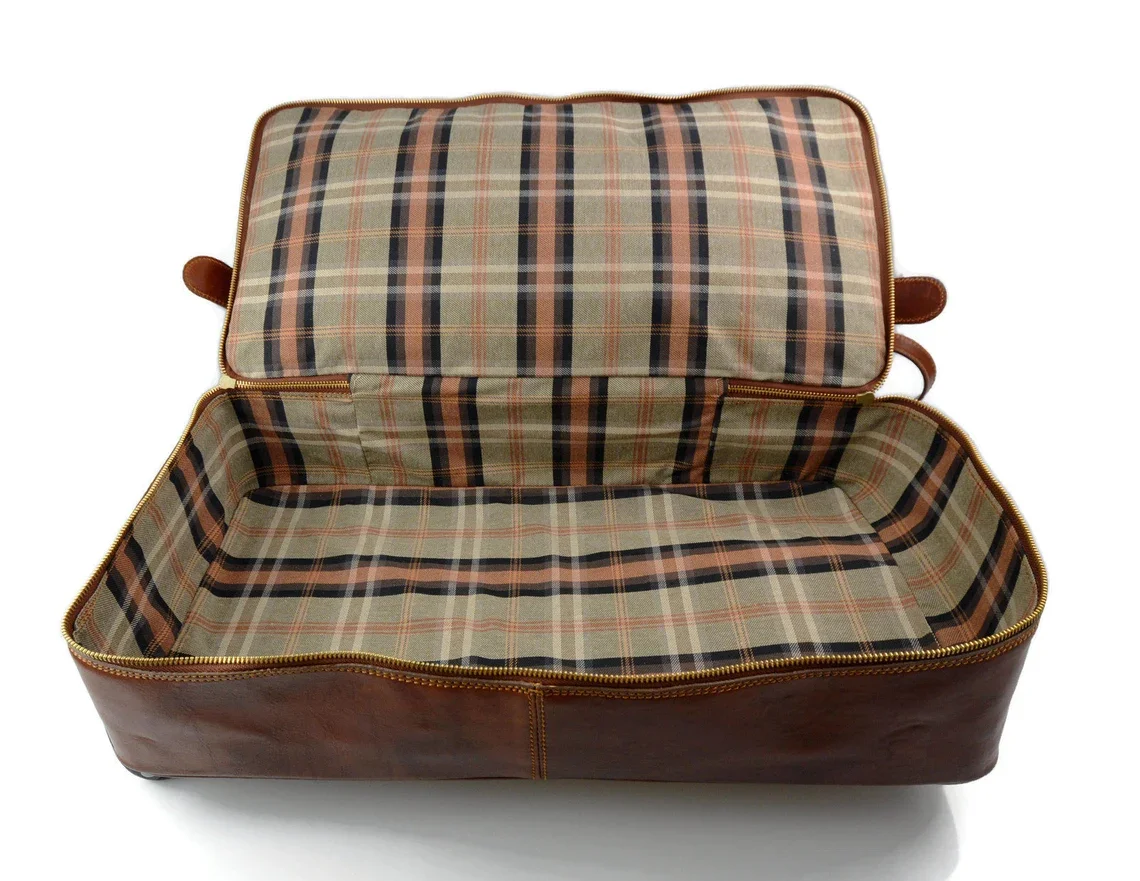 Leather Weekender Suitcase Leather Travel Bag with Trolley Brown Airplane Carry On