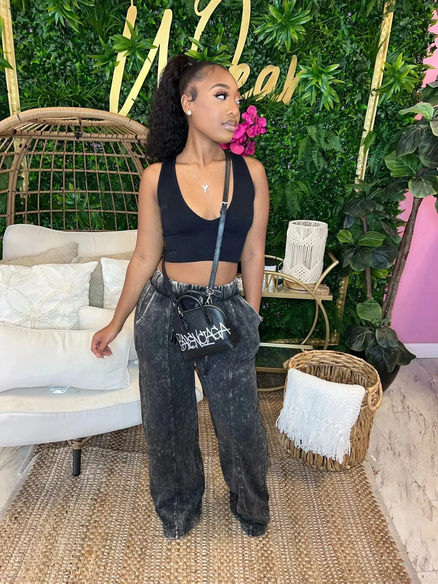 Wholesale fashion high waists baggy pants drawstring wide leg pants for women