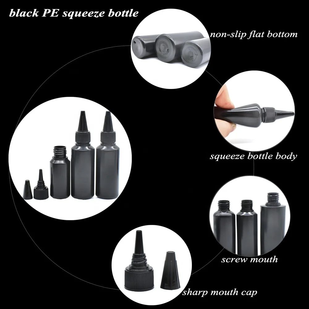 refillable Black PE plastic ink pigment applicator bottle 50ml 150ml 250ml plastic glue paint bottle with tip cap
