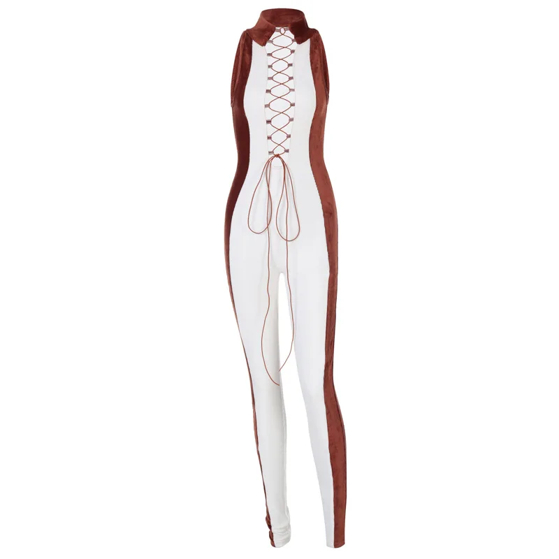 Hot Selling Summer Sexy Sleeveless Halter Contrast Color Matching Hollow Out Sports Slim Fit Women One Piece Jumpsuit