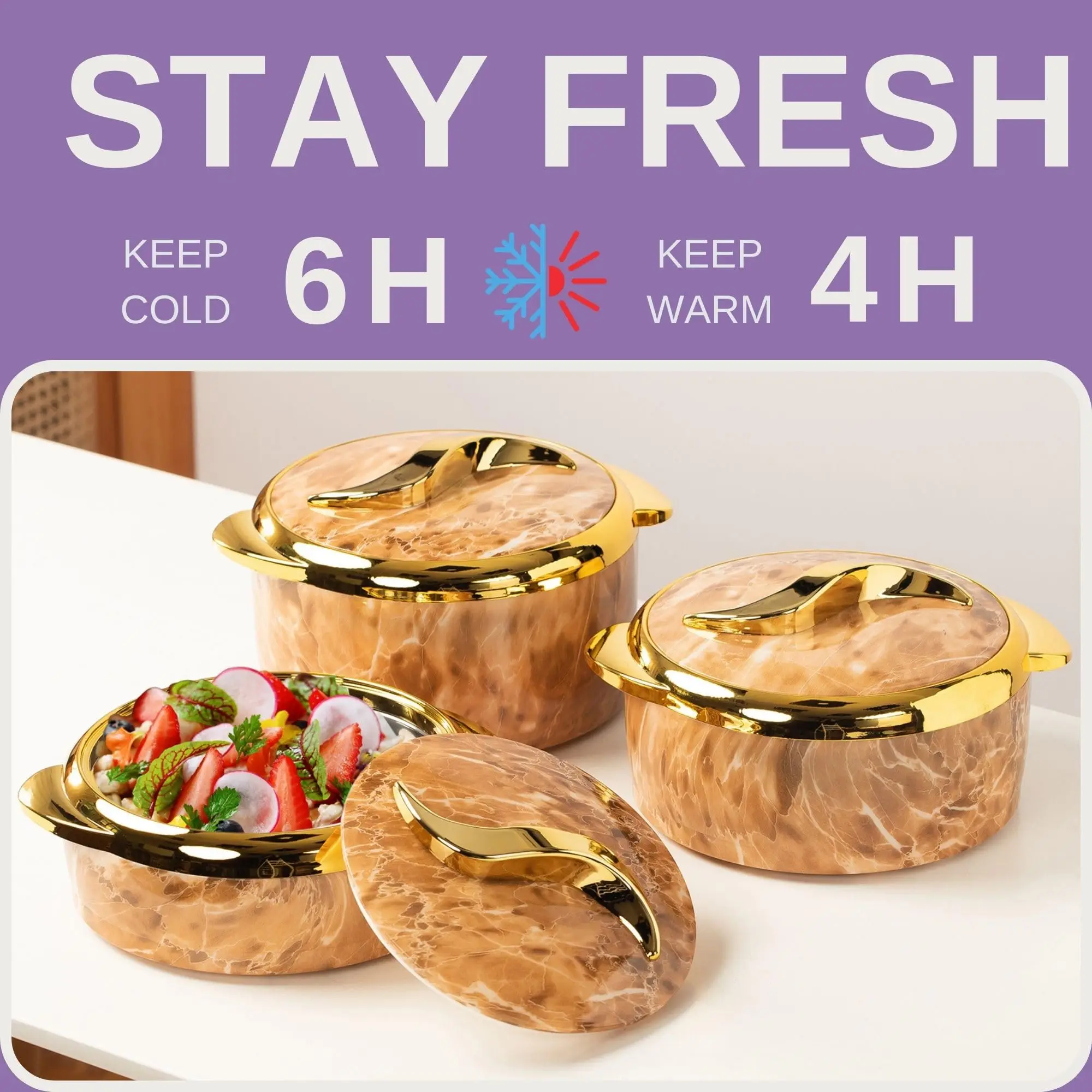 Insulated Thermal Bowl 3 pc. Set 2.6/2.1/1.6 qt. - Keep Food Warm for Hours - Versatile Serving Dishes with Lids