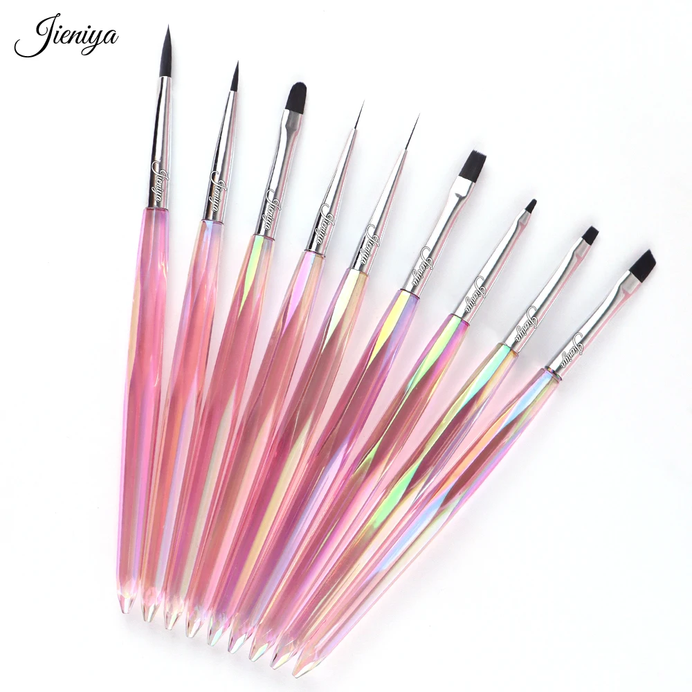 High Quality Electroplating color changing pink crystal cut Polygon plastic handle Nylon Hair UV gel nail art brush 8 pcs set
