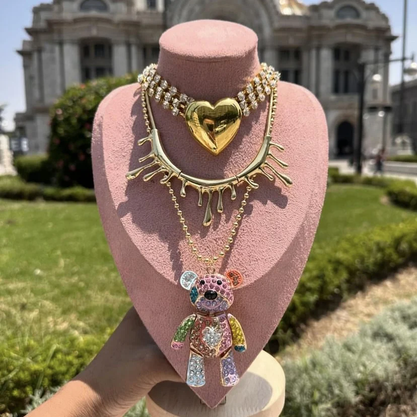 LS-B5704 Unique Design gold necklace men women daily wear Multilayer heart necklace 18k gold colorful cute bear necklace as gift