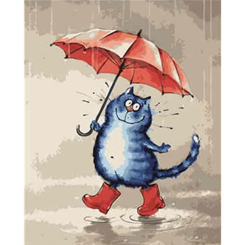 Cute Blue Cat With An Umbrella Wearing Rain Boots Diy Digital Oil Painting With Frame Various Sizes Painting By Numbers