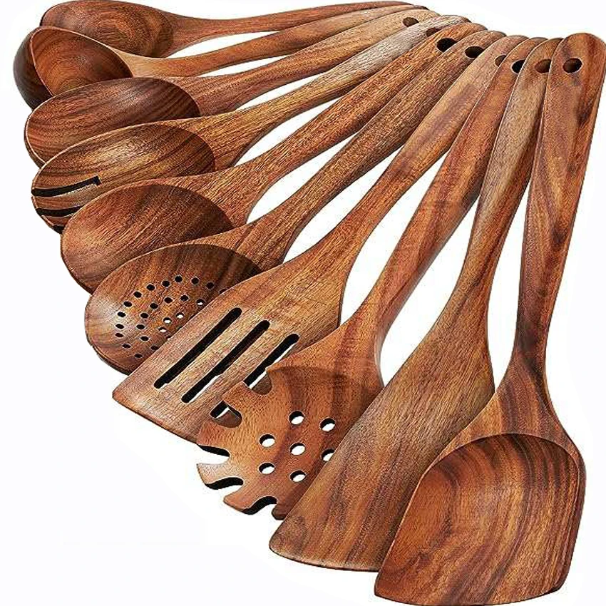 10pc Eco-Friendly Teak Wooden Kitchen Utensils Set with Lacquered Multi-Color Spurtle Wooden Spoon and Vegetable Spatela